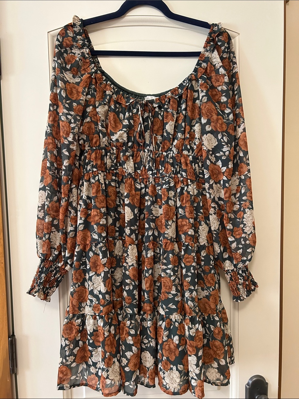 By The River Long Sleeve Tiered Floral Dress in Rust & Green On or Off Shoulder